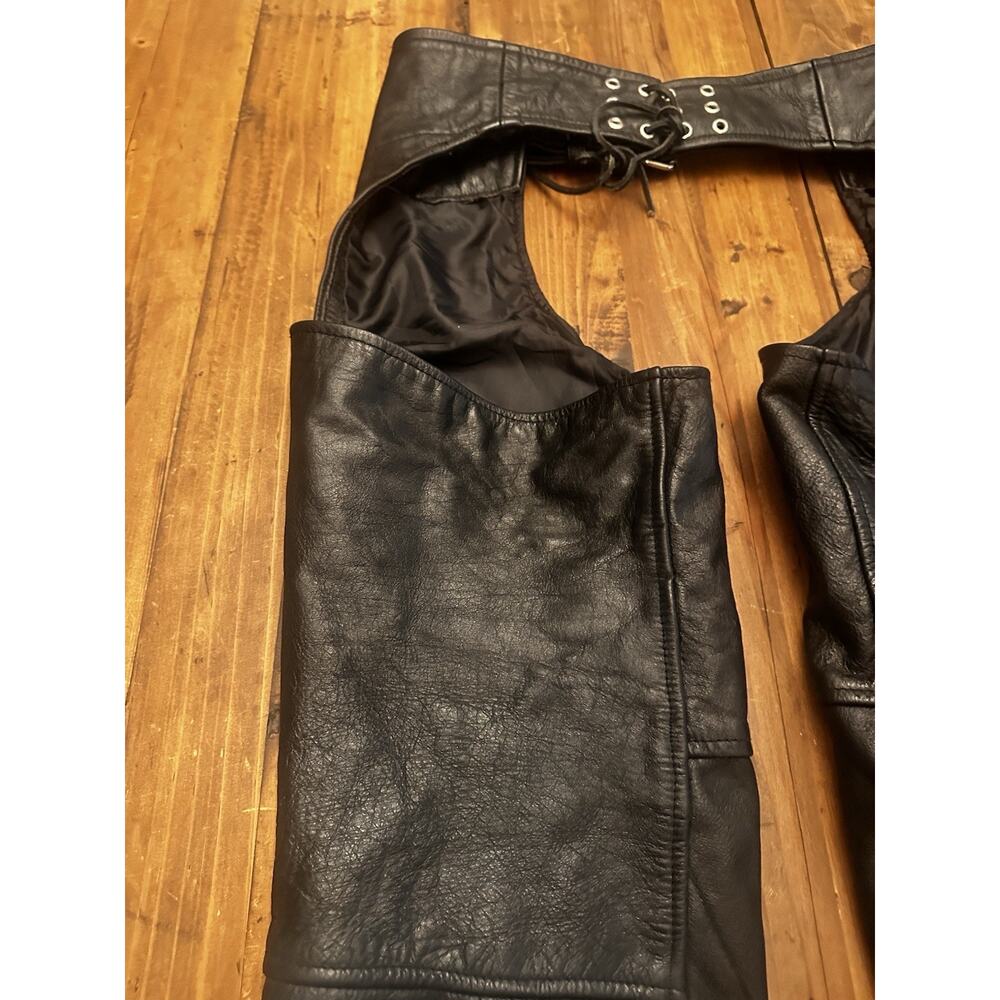Hot Leather Chaps Genuine Size Large Zip Snap Buckle Motorcycle Riding Biker - Picture 10 of 13